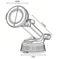 Black car phone holder size diagram with circular base and adjustable arm