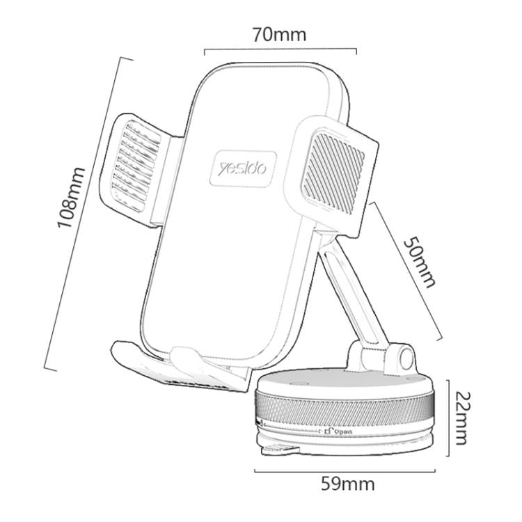 Car phone holder dimensions showing clamp arms and vacuum suction base