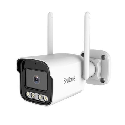 Srihome outdoor security camera with dual antennas, white body, black front panel