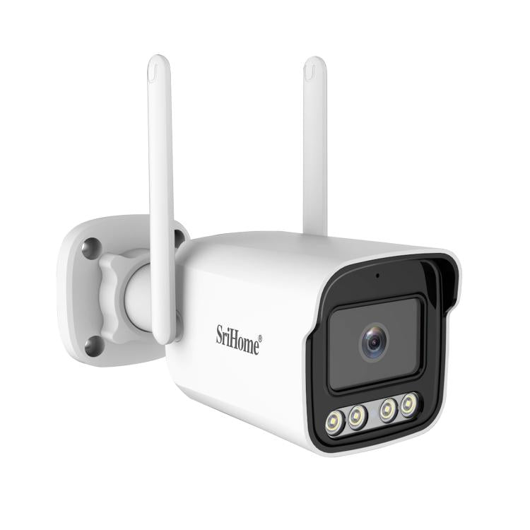 Srihome outdoor security camera side view with mounting bracket and two antennas