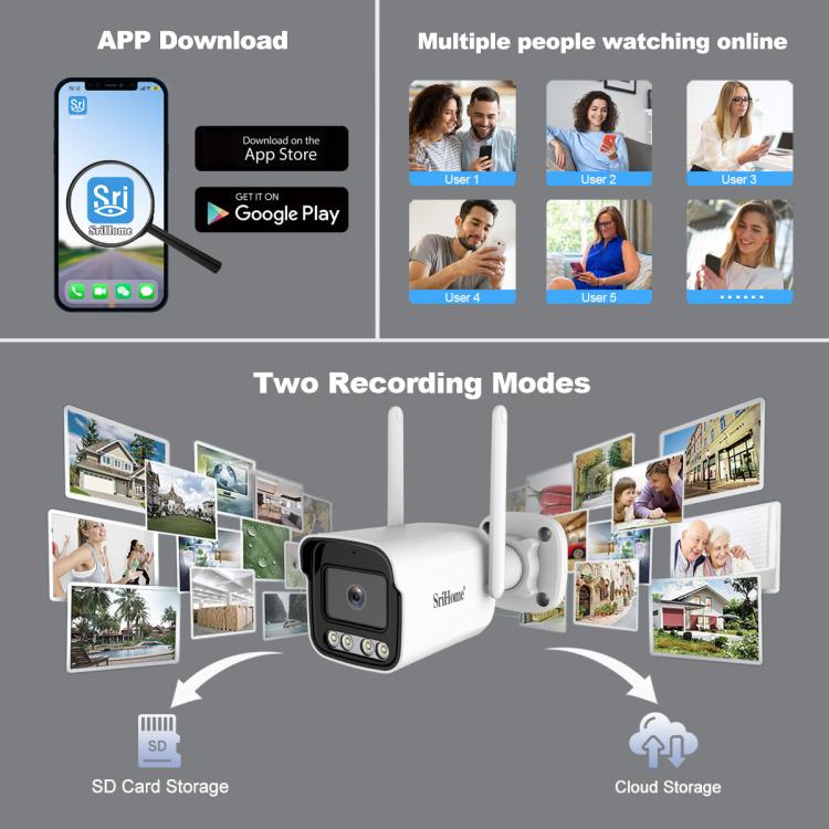 Wall-mounted outdoor camera with dual antennas, app interface screens shown nearby