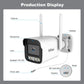 Outdoor security camera diagram, white body with lens, spotlight/IR LEDs and microphone