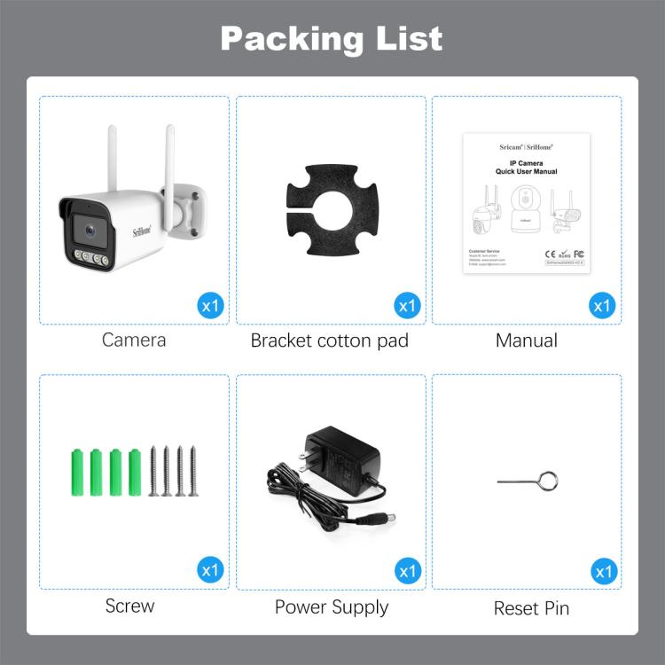 Outdoor security camera kit: white camera, bracket pad, manual, screws, power supply