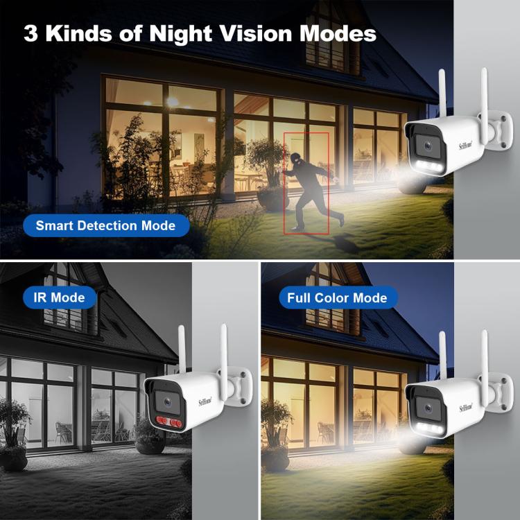 Srihome outdoor security camera shown outdoors with dual antennas and front lens