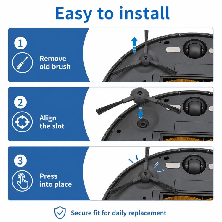 Robot vacuum side brush replacement steps with aligned hub and press-fit