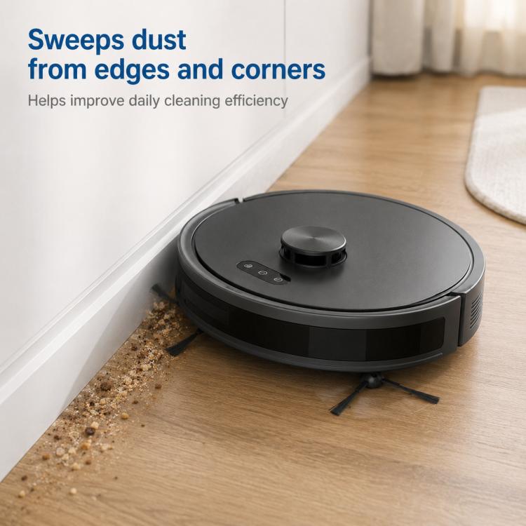 Robot vacuum edge-sweeping with side brushes on wood floor near debris