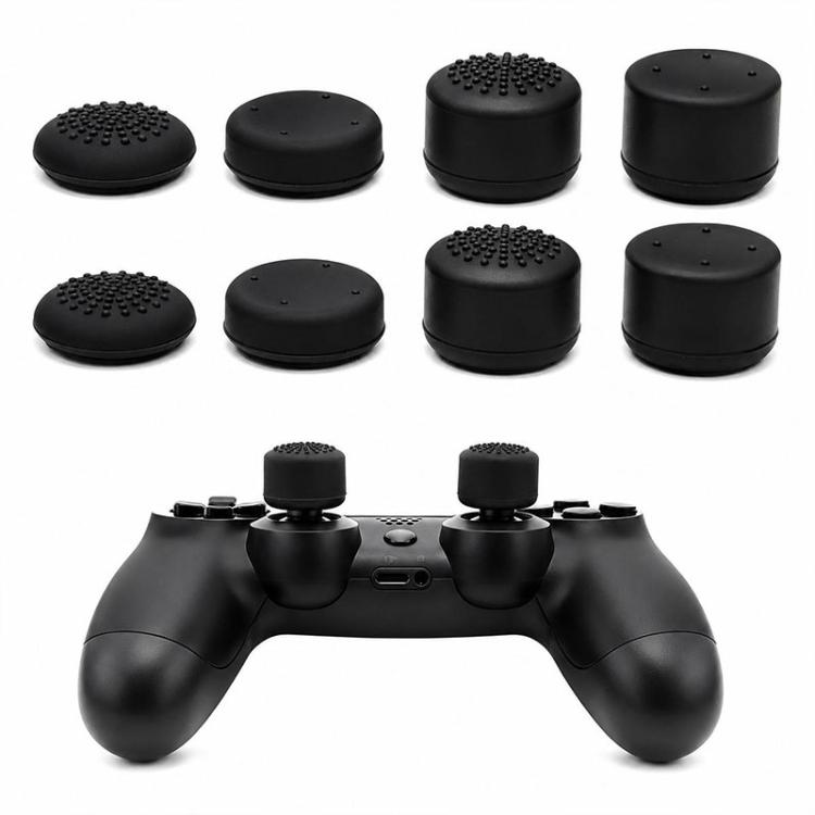 Set of 8 black silicone joystick thumb grip caps with raised dot texture
