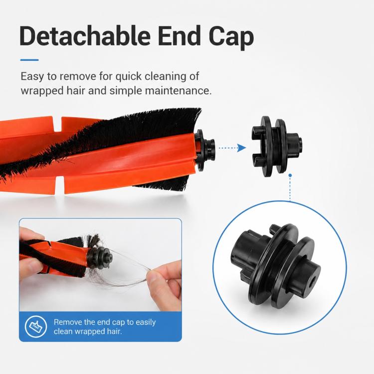Orange main brush with detachable end cap and side mounting wheels