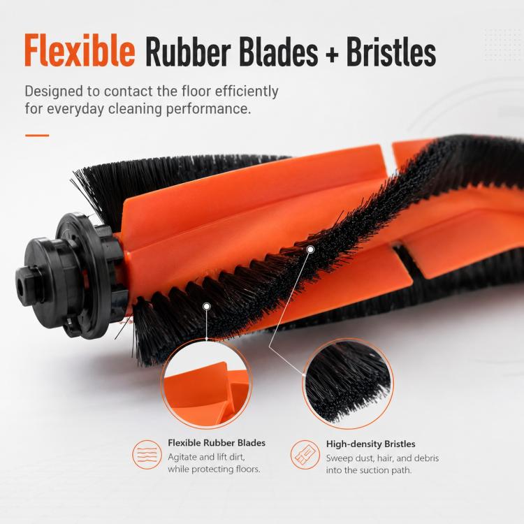 Orange main brush with flexible rubber blades and dense black bristles