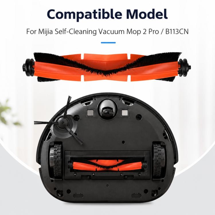 Orange main brush roller fitted on a robot vacuum base plate