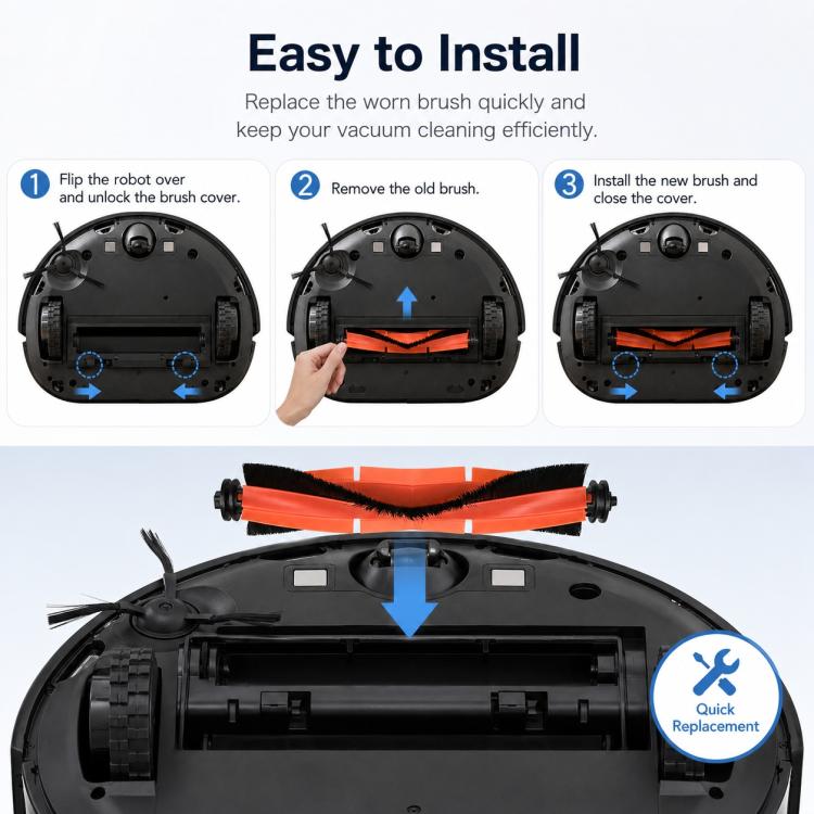 Main brush replacement shown on robot vacuum underside, orange and black