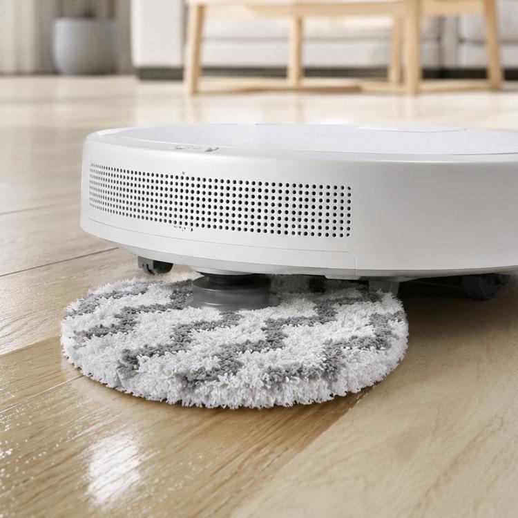 Thick grey microfiber mop pad for robot vacuum, on floor