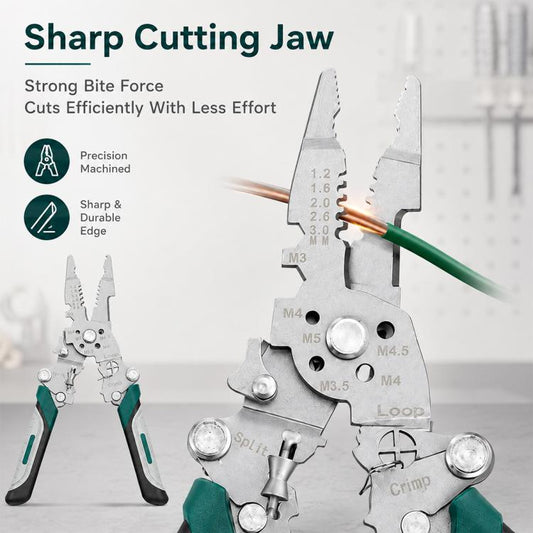 Foldable wire stripper pliers with sharp cutting jaw and marked blade insert.