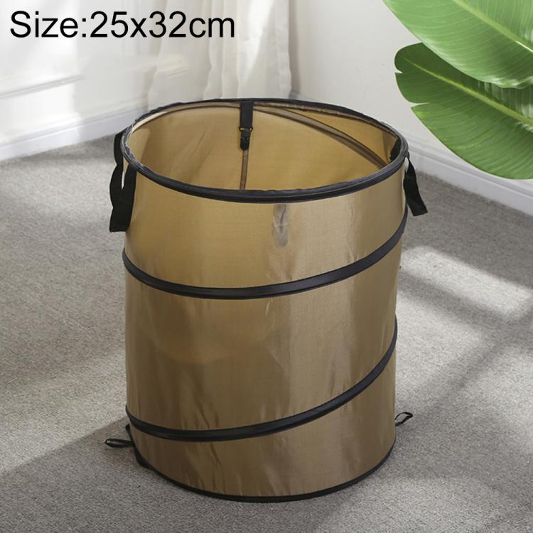 Light coffee foldable camping bucket, mini 25x32cm, mesh top and side carrying straps
