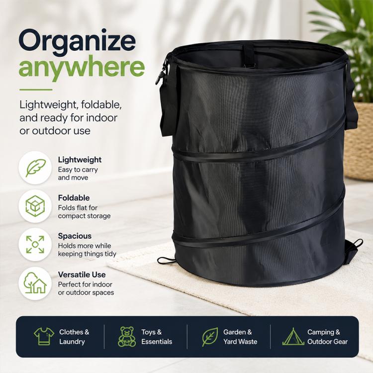 Black lightweight folding storage bucket with carry handles for indoor or outdoor use