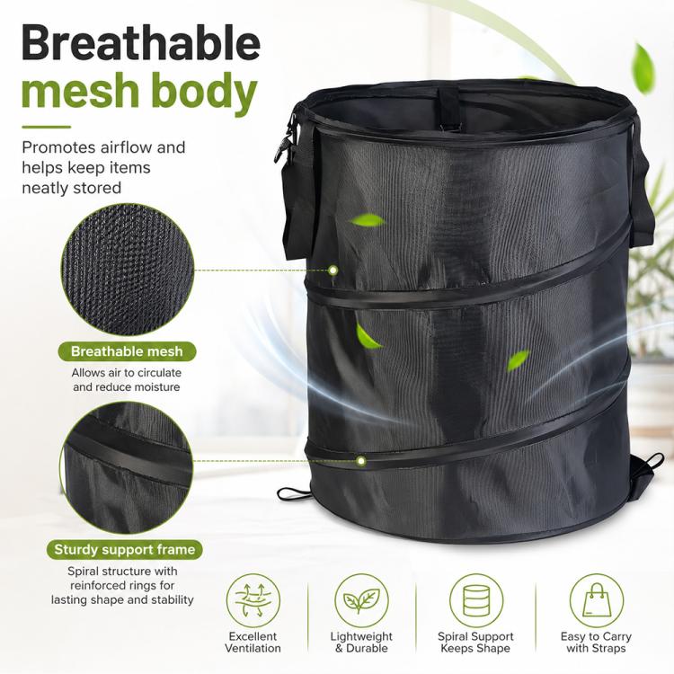 Black breathable mesh folding trash can bucket with reinforced frame and carry handles