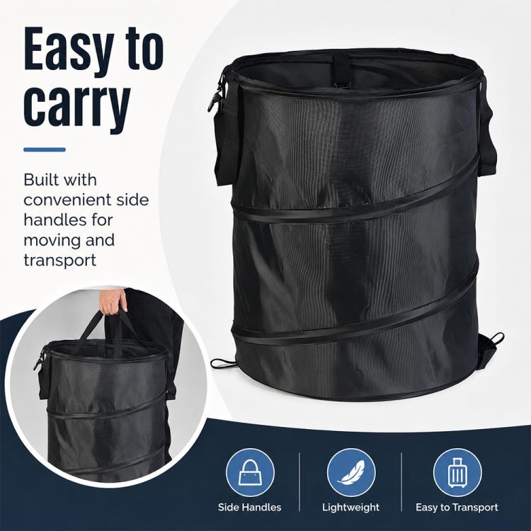 Black collapsible storage bucket with side handles for easy carrying and transport
