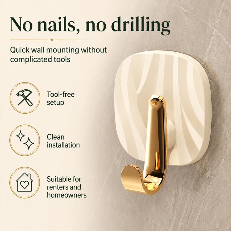No Drill Light Luxury Plastic Adhesive Hooks Traceless Heavy-Duty Clothes Hook, Gold Hook