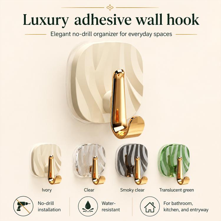 4pcs No Drill Light Luxury Plastic Adhesive Hooks Traceless Heavy-Duty Clothes Hook, 4PCS Gold Hook