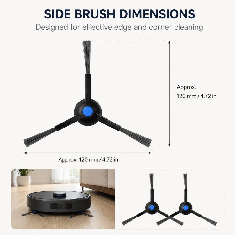 Dual black side brushes with gray bristles and blue hub centers