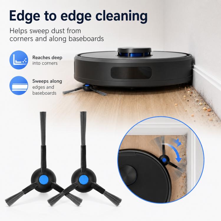 Dual black side brushes for edge and corner cleaning, blue hub accents