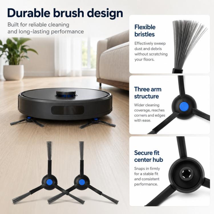 Dual black side brush design with flexible gray bristles and blue hubs