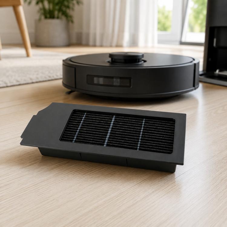 Black rectangular vacuum filter replacement with fine mesh and plastic frame