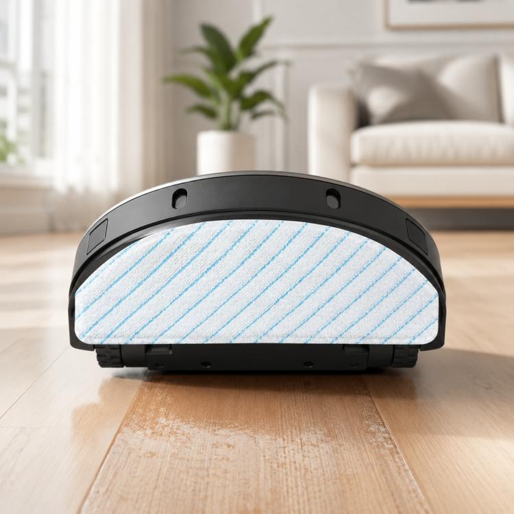 Robotic mop pad with blue striped microfiber surface and black base backing