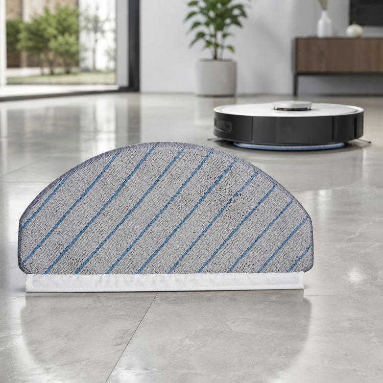 Blue striped microfiber mop pad with curved black base for robot vacuum