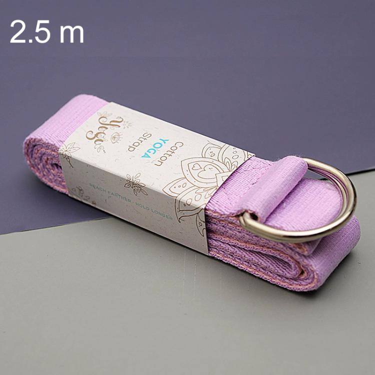 Two-tone yoga stretch strap with silver D-ring buckle, rolled in purple tones.