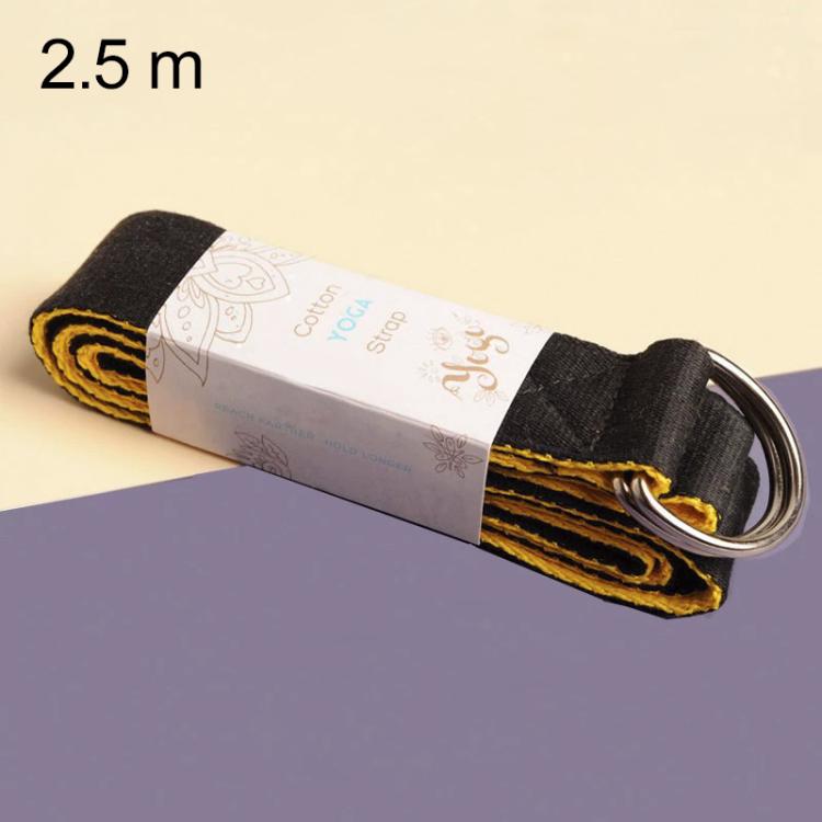 Two-tone yoga stretch strap with silver ring buckle, folded black and yellow.