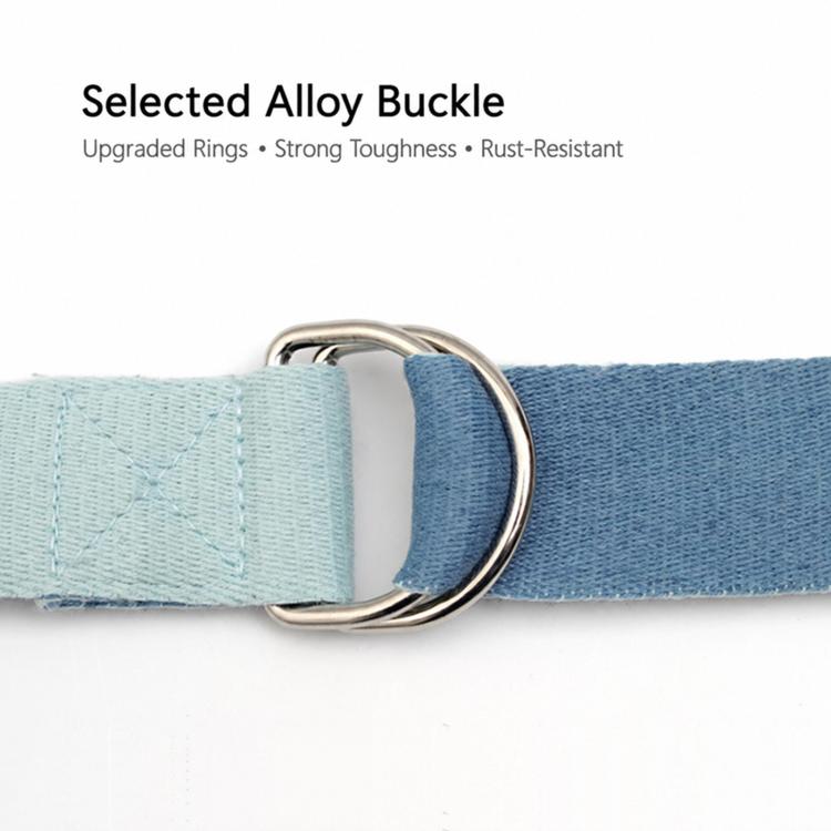Two-tone blue yoga strap with metal alloy loop buckle, stitched end close-up.