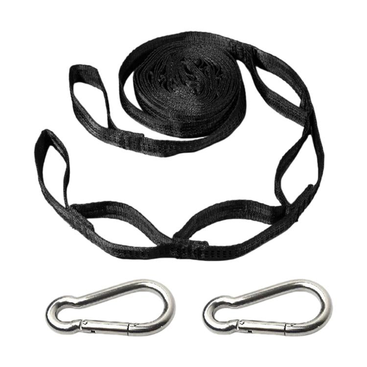 Outdoor swing rope strap set with black webbing and 2 metal quick buckles