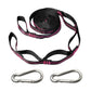 Outdoor swing rope strap set with rose-red accents on black webbing and 2 metal quick buckles
