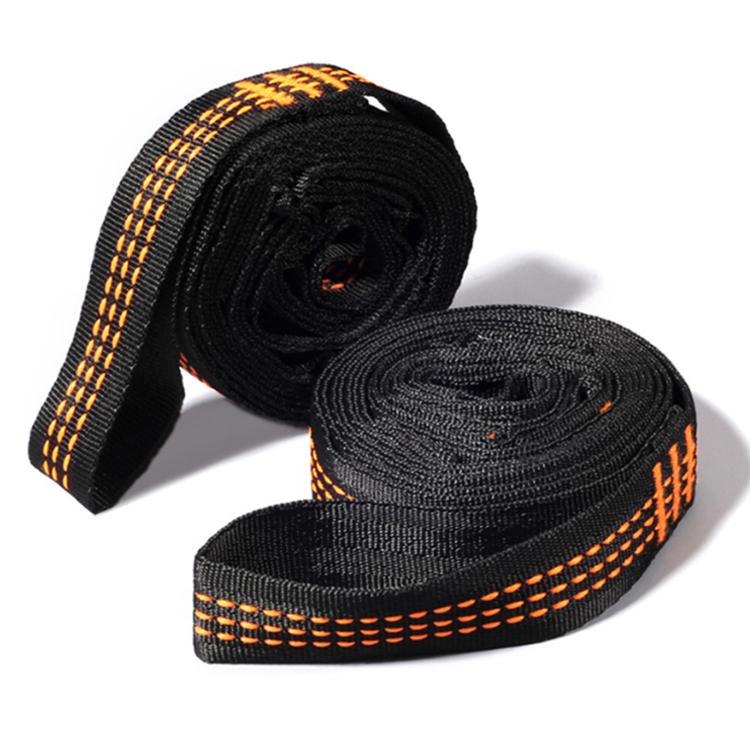 Rolled black loop strap with orange stitch detailing and woven edges