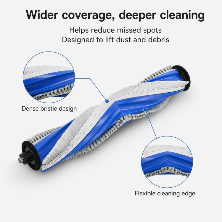 Main cleaning brush roller with dense gray bristles and blue backing