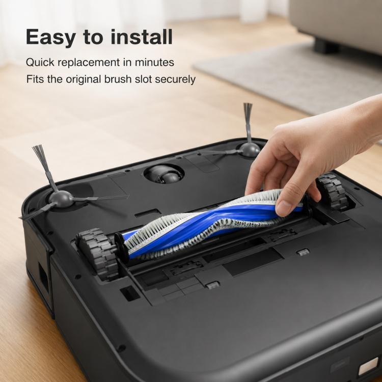 Hand installing a blue-and-white main brush into a robot vacuum base