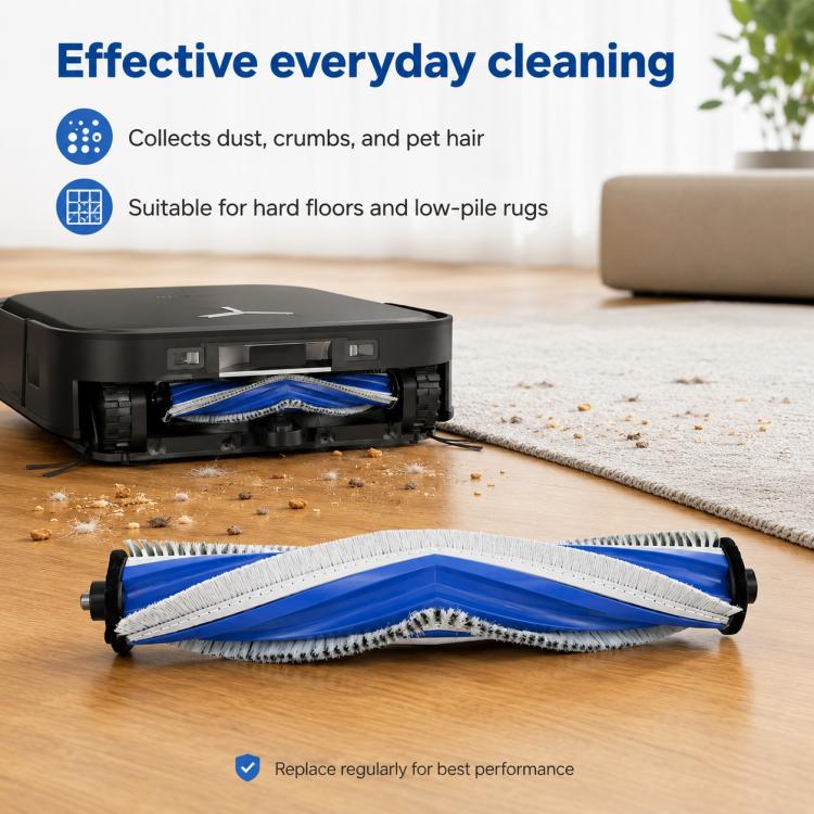 Robot vacuum with blue-and-white main bristle brush roller on the floor