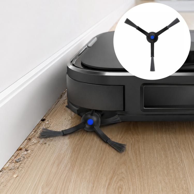 Robot vacuum side brush with three dark bristles and blue center hub