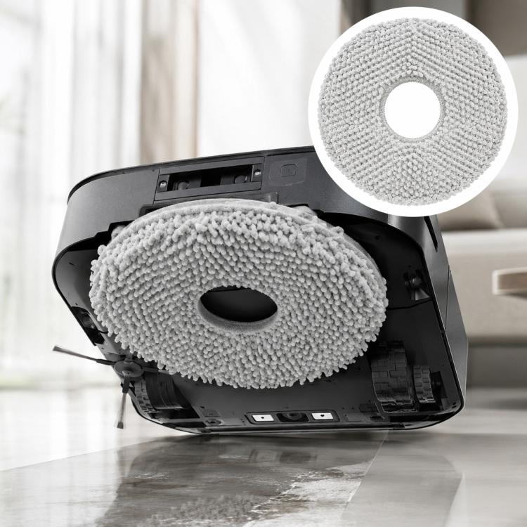 Round gray mop pad with textured fabric surface and center hole for robot mop