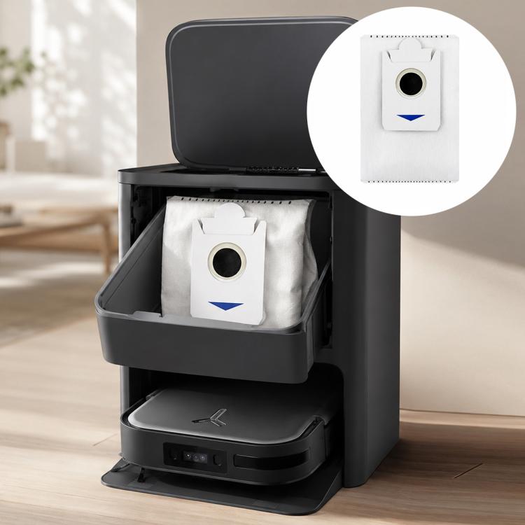 Robot vacuum dust bag and filter set with blue arrow symbol on white filter