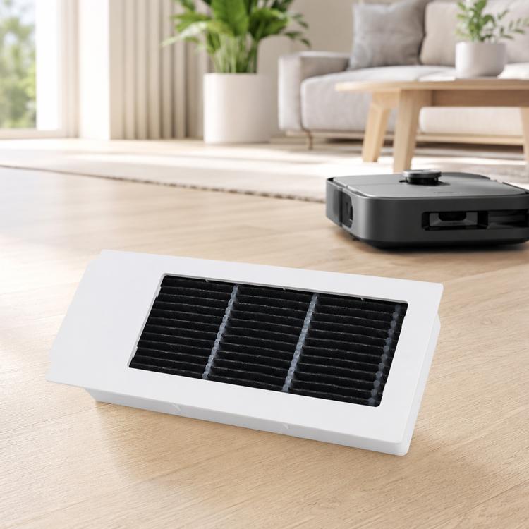 Black pleated vacuum filter in white frame for robot vacuum replacement