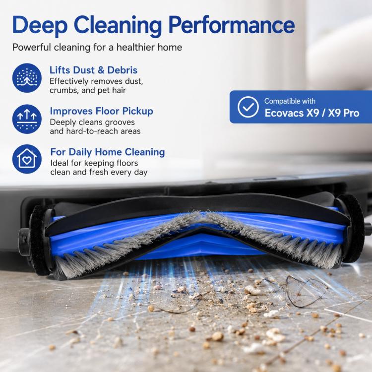 Main roller brush with blue bristle core and gray bristles shown with debris