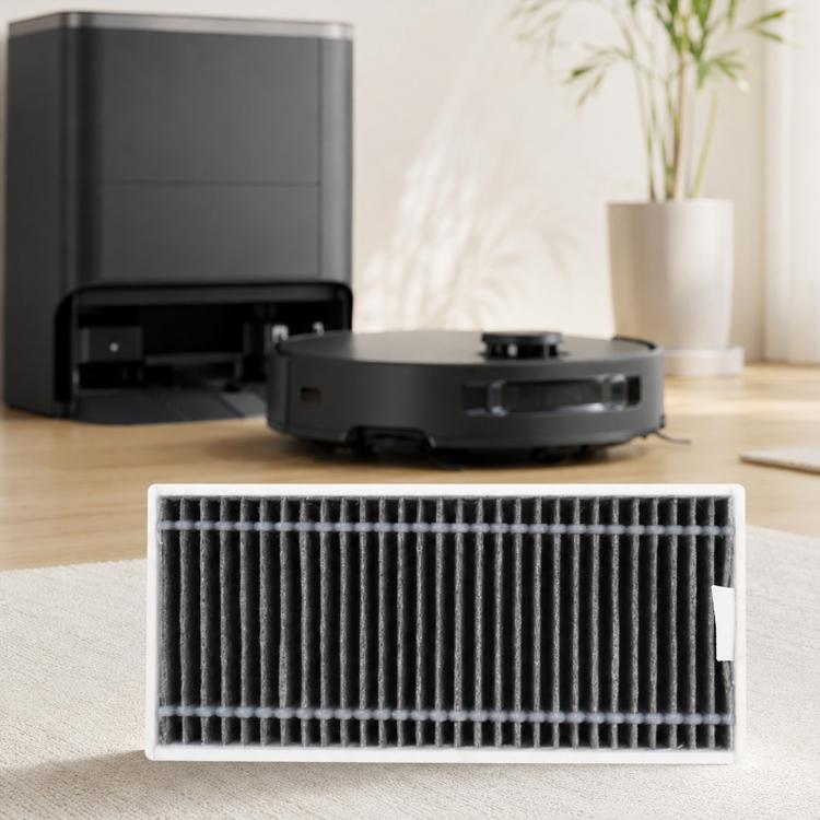 Pleated dust filter with black fins in a white rectangular frame