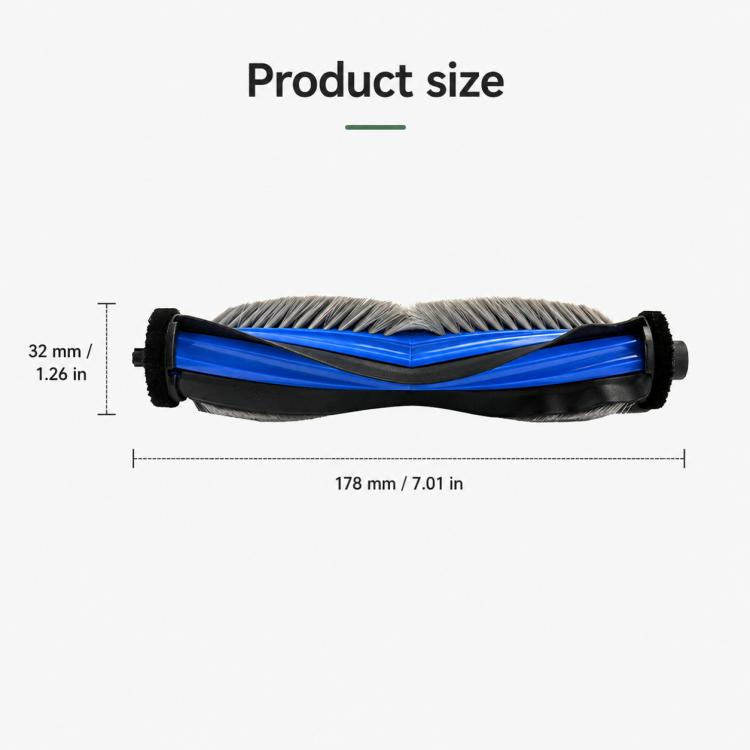 Main brush roller replacement with blue bristle guard, shown with product size lines