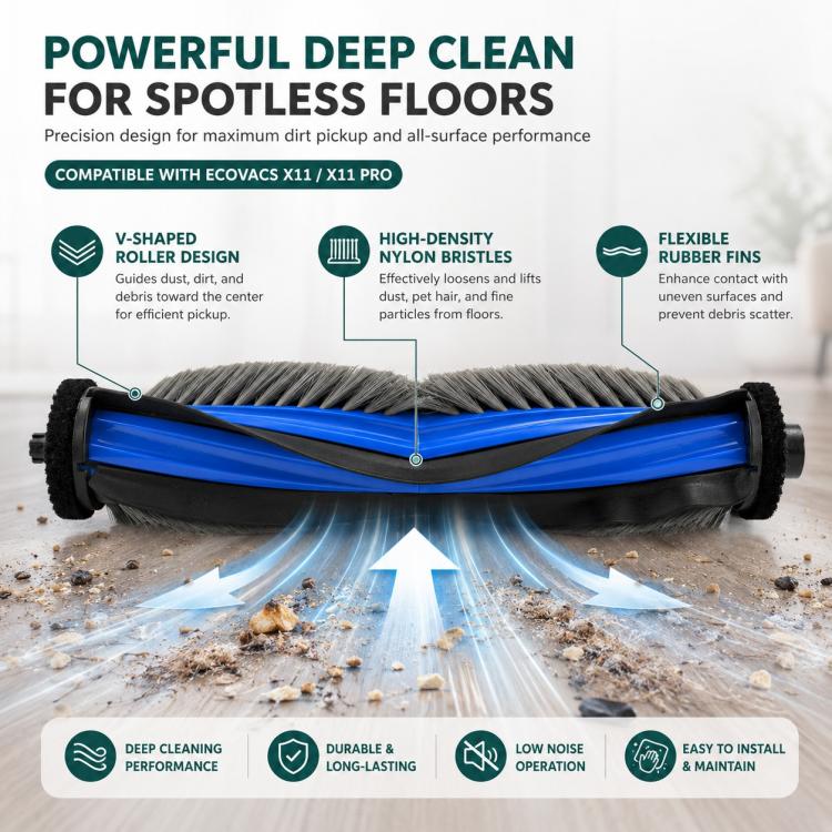 Main brush roller replacement with dense gray bristles and blue ribbed guard