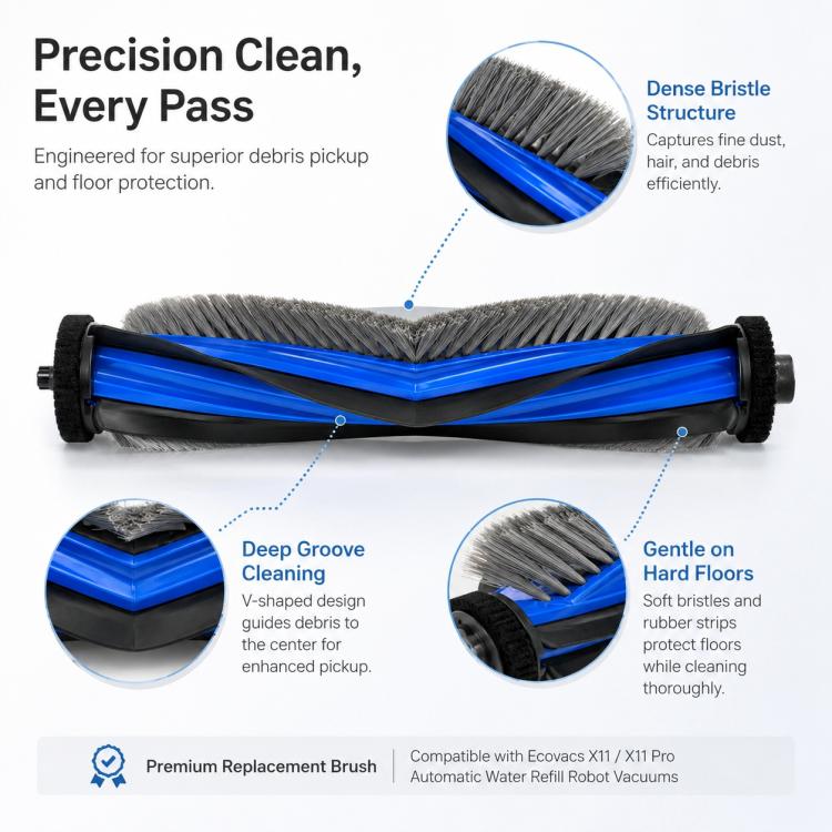 Main brush roller with blue-striped V-shaped bristles for debris pickup