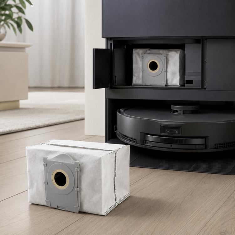 Robot vacuum dust bag installed near docking station with circular port window