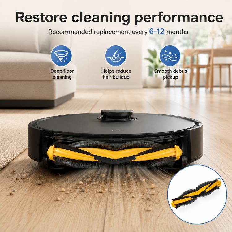 Robot vacuum main brush with yellow and black bristle roller in base