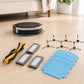 Robot vacuum parts set with blue mop pads, filters, side brushes, and main brush